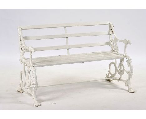 A 19TH CENTURY DOG AND GRAPE PATTERN WHITE PAINTED GARDEN BENCH AFTER A DESIGN BY COALBROOKDALEThe ends modelled with dogs' h