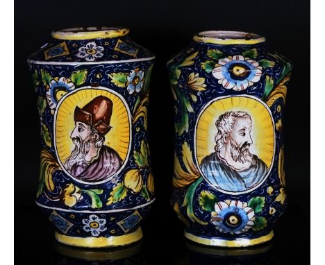 Two similar large Italian maiolica albarelliProbably 19th centuryEach painted each side with a portrait against a blue ground
