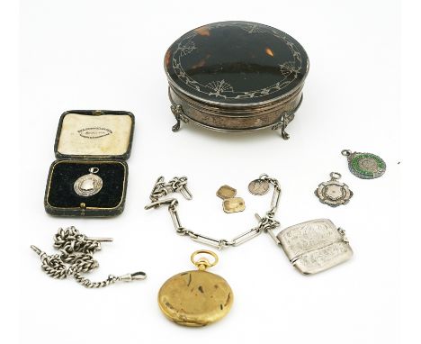 A silver and tortoiseshell circular hinge lidded trinket box and eight further items (9)The trinket box raised on three feet,