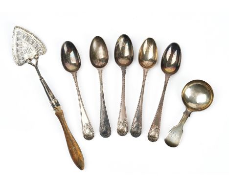 A silver caddy spoon and further silver flatware (7)The fiddle pattern caddy spoon Newcastle probably 1838, five 18th century