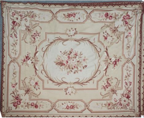 A pair of modern tapestry carpets of Aubusson designthe beige field with an ivory floral roundel, floral cartouches, 303cm x 