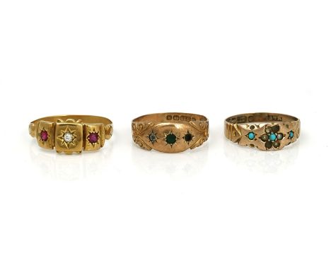 A gold, diamond and ruby three stone ring and two further Victorian rings (3)The diamond and ruby ring star set with a cushio