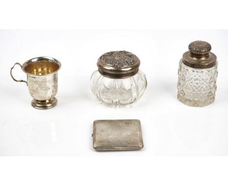 A silver mounted glass cotton wool jar and three further items (4)The lid of the cotton wool jar decorated with the portrait 