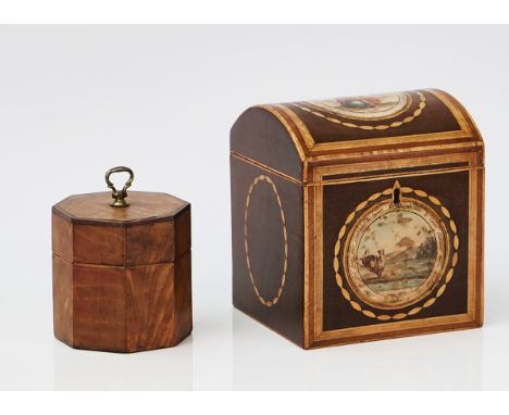 A GEORGE III INLAID HAREWOOD DOME TOP TEA CADDY12cm wide; 14cm high; Together with a small 19th century mahogany octagonal bo