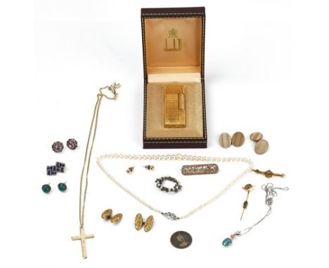 A Dunhill gilt metal rectangular cased gas lighter, with a Dunhill case and a collection of jewellery (15)The collection of j