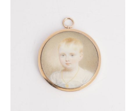A late 19th/early 20th century portrait miniaturePainted with the head and shoulder portrait of a young child, with short blo