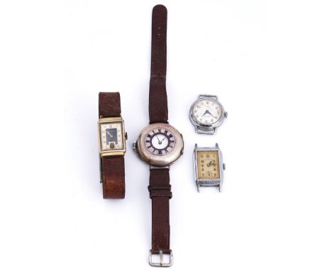 A silver cased half hunter wristwatch and three further wristwatches (4)A Sterling silver cased, half hunting cased wristwatc