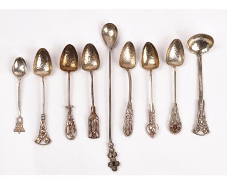 A group of foreign flatware (9)Comprising; six teaspoons and a similar small ladle, the handles pierced with differing motifs