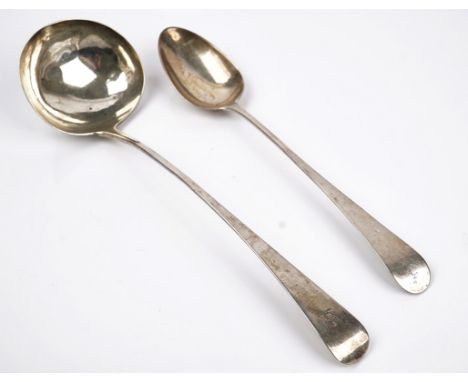 A silver soup ladle and a silver stuffing spoon (2)The Old English pattern soup ladle crest engraved, London 1806, the Old En