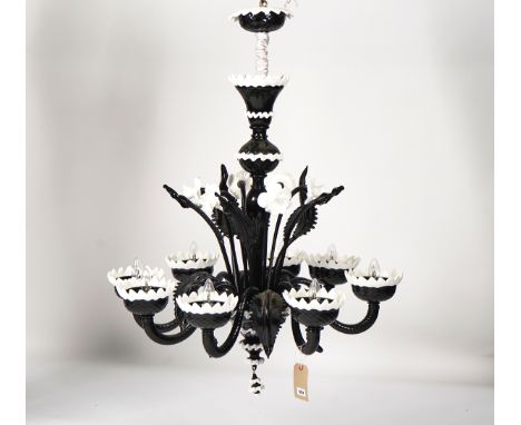 AN OPAQUE BLACK AND WHITE GLASS EIGHT-LIGHT CHANDELIERModernApprox 120cm high x 80cm wideCondition report:- Overall in good m