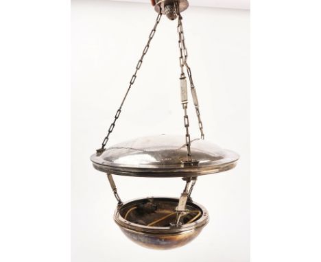 A silver Art Deco hanging ceiling lightFormed as a large circular dish, reflecting a smaller circular dish beneath, the top d