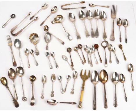 A group of silver foreign and plated flatware (qty)Including; a pair of sugar tongs, a cream ladle, two caddy spoons, a set o