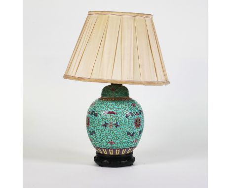 A CHINESE FAMILLE ROSE GINGER JAR TABLE LAMPWith pleated cream shade, 45cm high, including shadeCondition report:&nbsp;In goo