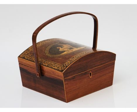 A REGENCY PENWORK DECORATED ROSEWOOD DOME TOP SEWING BOXWith swing over handle, 23cm wide; 13cm high (excluding handle)Condit