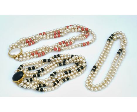 Three costume necklaces (3)Comprising; a three row imitation pearl necklace, spaced with imitation coral and colourless paste