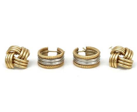 Two pairs of gold earrings (2)Comprising; a pair of two colour gold earrings, of four row curved design, detailed 14 K to the
