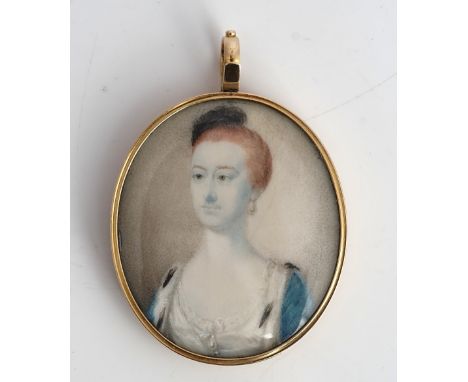 An 18th century portrait miniaturePainted with the head and shoulder portrait of a lady wearing an ermine trimmed blue gown, 