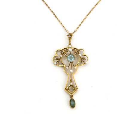 A gold, aquamarine and seed pearl pendant with a neckchain (2)Mounted with a circular cut aquamarine to the centre, an oval c
