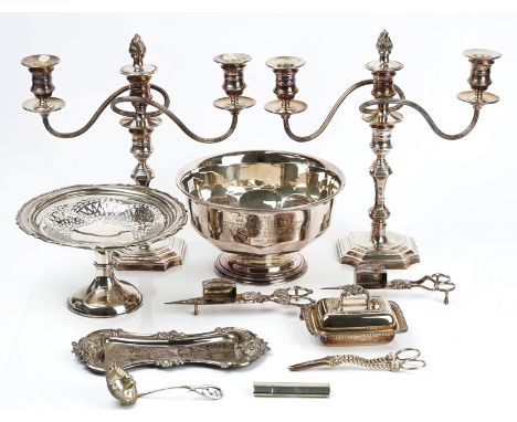 A pair of plated three light table candelabra and further plated wares (11)Comprising; a circular bowl, presentation inscribe