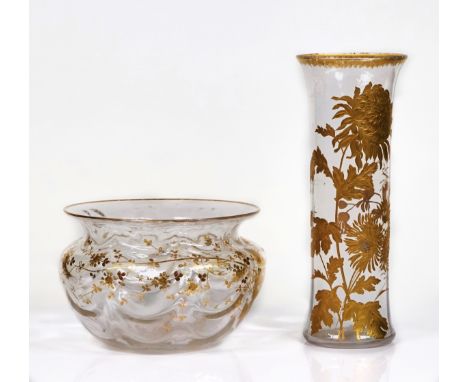 A tall French glass vase and a glass bowlCirca 1900The vase with thick gilt chrysanthemum decoration, the bowl with gilt flow