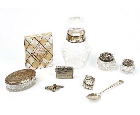 A silver mounted faceted glass jar and cover and eight further items (9)The jar and cover London 1922, two silver lidded glas