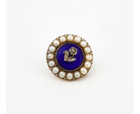 A Victorian gold, diamond and half pearl set and blue enamelled broochOf circular form, the centre with a diamond set forget-