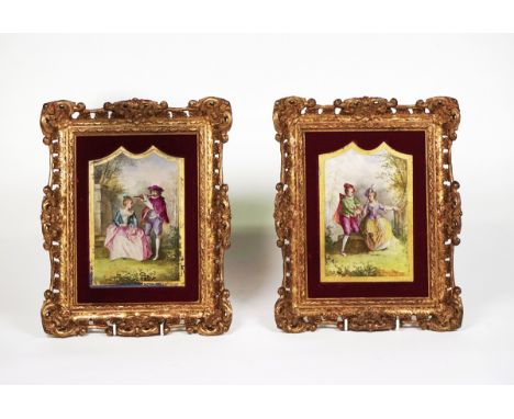 A pair of French porcelain plaques20th centuryEach painted with a courting couple in a landscape, signed Perot, 19cm by 12.5c