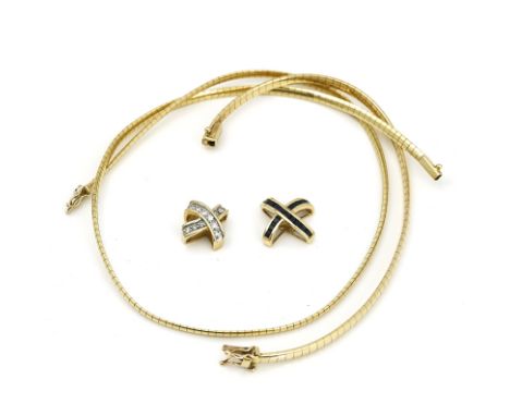 A gold necklace, a diamond pendant, a sapphire pendant and a gold bracelet (4)The gold necklace indistinctly marked 14 KT Ita