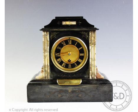 A Victorian polished slate and marble presentation mantel clock, of architectural form with circular Roman numeral dial, bear