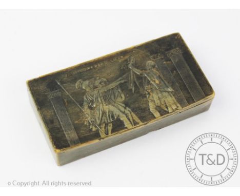 An early 19th century French pressed horn snuff box, the lid decorated with 'Le Serment Des Horaces', The Oath of the Horatii