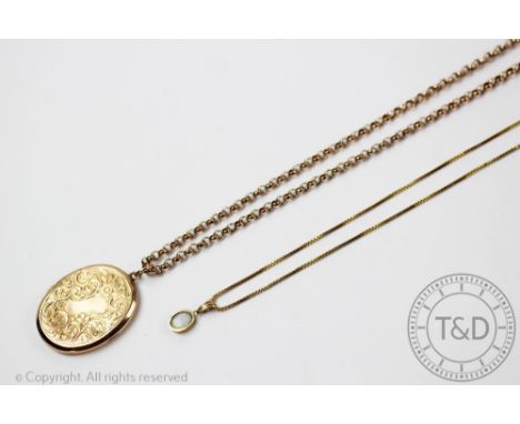 A gold plated oval locket with an attached gold Belcher link chain, applied '9ct' pad, weight (chain only) 6.7gms, with an op