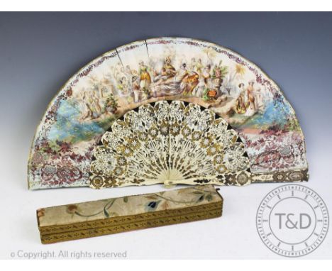 An early 19th century ladies bone fan, each carved guard and stick florally pierced and decorated with gilt and silvered high