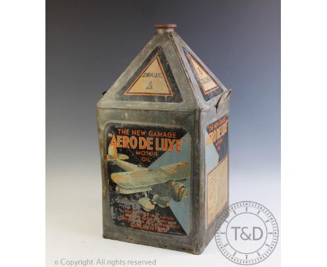 A vintage 'Aero De Luxe' 5 gallon Motor Oil can, of rectangular form and tapered top with printed advertising to each side, 5