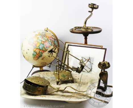 A selection of vintage ephemera, metalware and ceramics to include a pair of figural brass candlesticks designed as cobras, a
