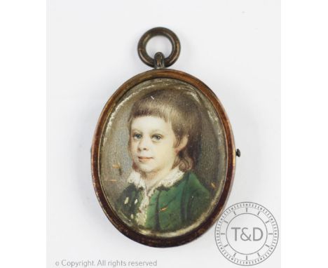 English School - late 18th century, Watercolour on ivory miniature, Portrait of a boy in a green coat, 2.5cm x 1.9cm, In pati