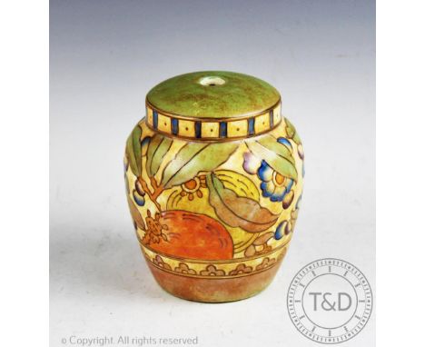 A Charlotte Rhead for Bursley Ware lamp base, modelled as a ginger jar decorated with tube lined detailing, 14cm high, with f