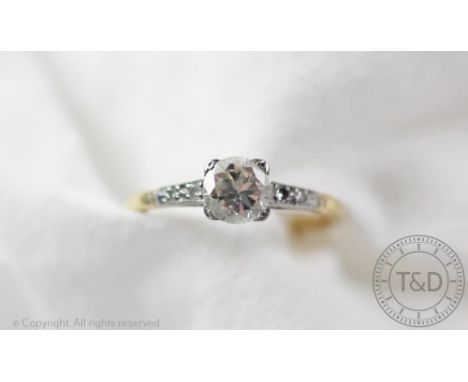 An Art Deco solitaire diamond ring, the old brilliant cut diamond within square style setting, to the tapering, diamond set s