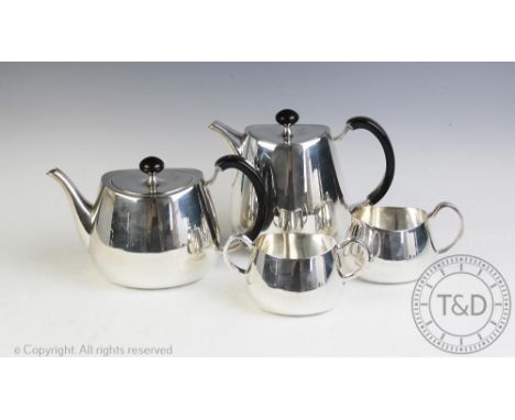 A David Mellor for Walker &amp; Hall 'Pride' pattern silver plated four piece tea and coffee service comprising; a teapot, 13