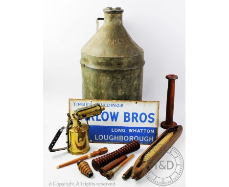 A vintage enamel sign for 'Harlow Bros Timber Buildings Long Whatton Loughborough', 19cm x 38cm with a selection of metal war