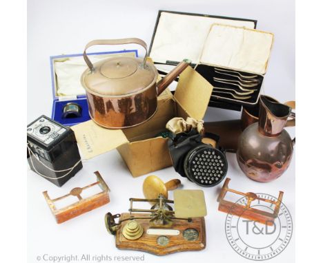 A selection of vintage items, to include a copper ale warmer, a gas mask, postal scales, a wash dolly, plated items (Qty)