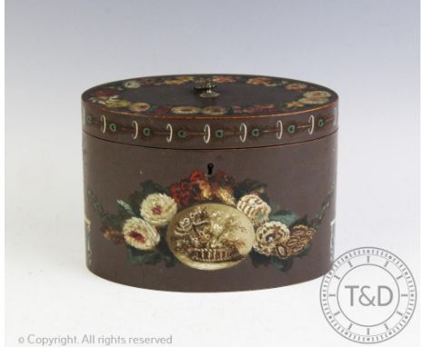 A George III style oval tea caddy, painted with flowers against a grey ground, 13.5cm high, 19.5cm wide CONDITION REPORT: Lig