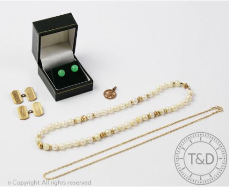 A small selection of jewellery, to include; an untested pearl bead necklace with clasp stamped '585', a pair of cuff links, a