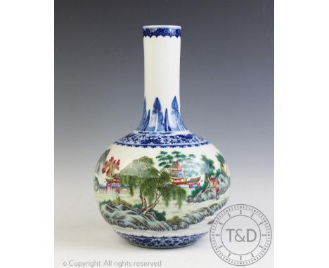 A Chinese porcelain Republic period bottle vase, Qianlong sealmark, decorated externally with a continuous band depicting an 