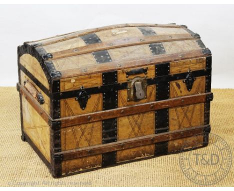 A metal and wood bound vintage barrel top chest, 55cm H x 81cm W