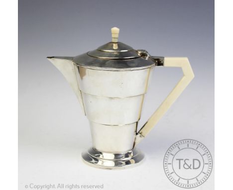 An Art Deco coffee pot, Viners Ltd, London 1935, of iconic Art Deco form cylindrically tapered and with an angular ivory hand