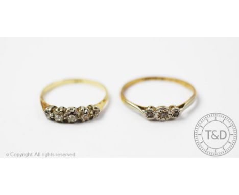 A five stone diamond ring, set with five graduated old cut diamonds, to the tapering shoulders and plain yellow gold hoop, st