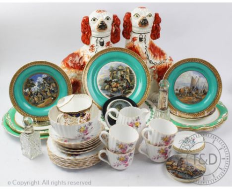 A selection of 19th century and later decorative ceramics, to include a pair of Staffordshire russett patched spaniels, 29cm 