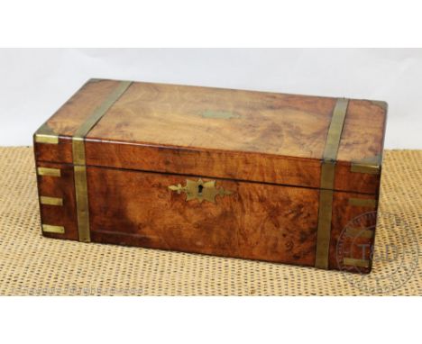 A 19th century brass bound walnut writing slope, 17cm H x 51cm W x 25.5cm D CONDITION REPORT: The right hand brass band to th