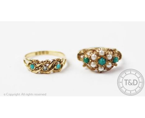 An Edwardian seed pearl and turquoise set 18ct gold ring, London 1901, size M/N, weight 2.6gms with a Victorian style 9ct yel