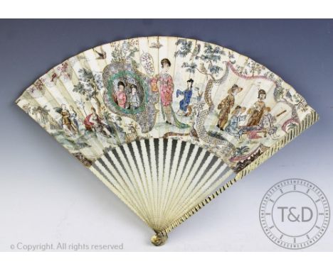 A 19th century Chinese ivory fan, each ivory stick supporting a hand coloured leaf mount depicting a scene where East meets W